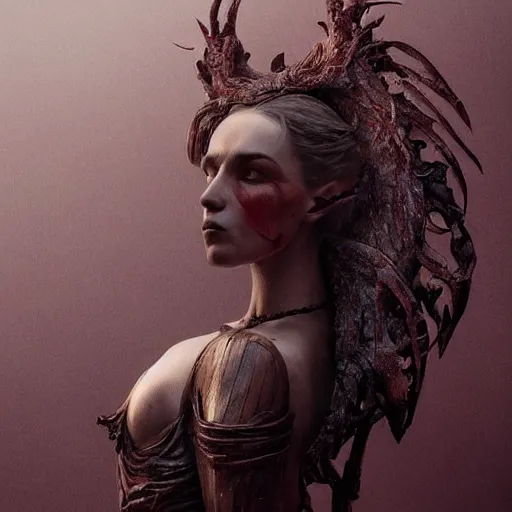 Image similar to sculpture of a woman, gloomy, blood, fire, intricate, elegant, highly detailed, sculpture, artstation, concept art, matte, sharp focus, illustration, octane render, unreal engine, art by aenaluck and roberto ferri and greg rutkowski, epic fantasy