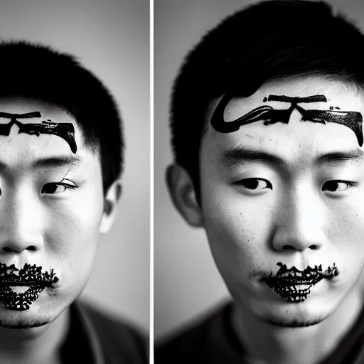 Image similar to beautiful tragic young chinese man with gutterpunk poke and stick face tattoos at dusk, black & white, richard avedon, 5 0 mm, grainy, low light