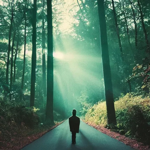 Image similar to 1 9 9 0 s candid 3 5 mm photo of a beautiful forest in tokyo, cinematic lighting, cinematic look, golden hour, the clouds are epic and colorful with cinematic rays of light, a man walks down the center of the forest with a beanie on, photographed by petra collins, uhd