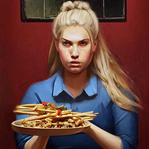 Image similar to portrait of a blonde chubby woman eating kebab, light stubble with red shirt inside victorian mansion ,digital art,photorealistoc,art by greg rutkowski,hyperdetailed,western comic style,comic,comic style,sharp lineart,professional lighting,deviantart,artstation,trevor henderson,rossdtaws,cinematic,dramatic