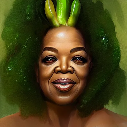 Image similar to a dish of oprah winfreys face fused with okra veg with green stalky ( ( green oprah winfrey's face ) ), oprah okra winfrey sentient veg, by greg rutkowski