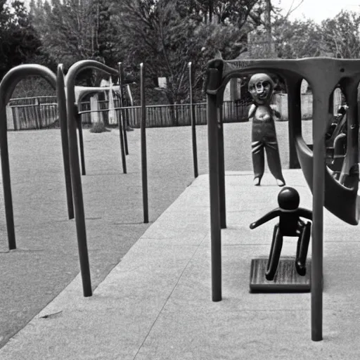 Image similar to 1 9 7 0 s black and white horror picture of a playground with children playing, but with a creepy figure in the background