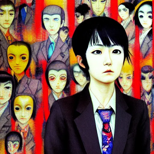 Image similar to yoshitaka amano blurred and dreamy realistic three quarter angle portrait of a young woman with short hair and black eyes wearing office suit with tie, junji ito abstract patterns in the background, satoshi kon anime, noisy film grain effect, highly detailed, renaissance oil painting, weird portrait angle, blurred lost edges