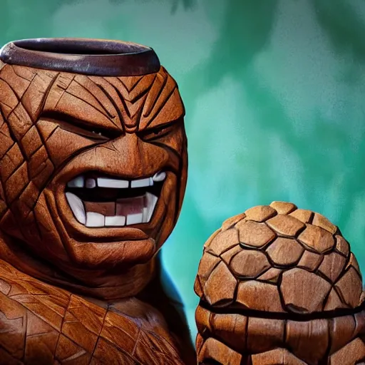 Image similar to a closeup photorealistic photograph of ben grimm's face on a tiki mug at trader vic's restaurant. fantastic four. tiki culture. bright scene. fine detail. this 4 k hd image is trending on artstation, featured on behance, well - rendered, extra crisp, features intricate detail, epic composition and the style of unreal engine.