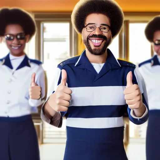 Image similar to a man in a sailor's uniform giving a thumbs up, a stock photo by Ray Parker, shutterstock, afrofuturism, bob ross, toonami, groovy