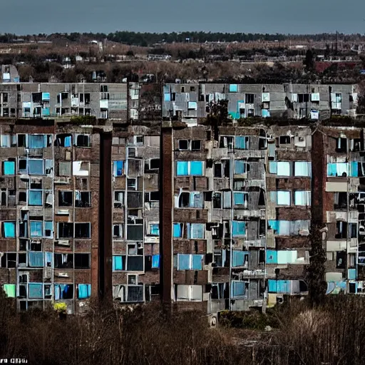 Image similar to The ghostly figure of a housing bloc on top of an abandoned construction site