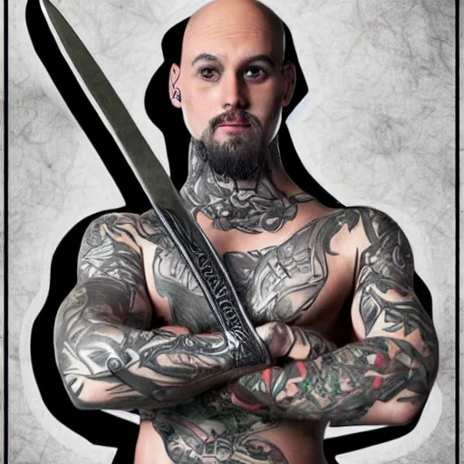 Image similar to muscular bald man, tattooed body, sword in hands, HD, anime style,