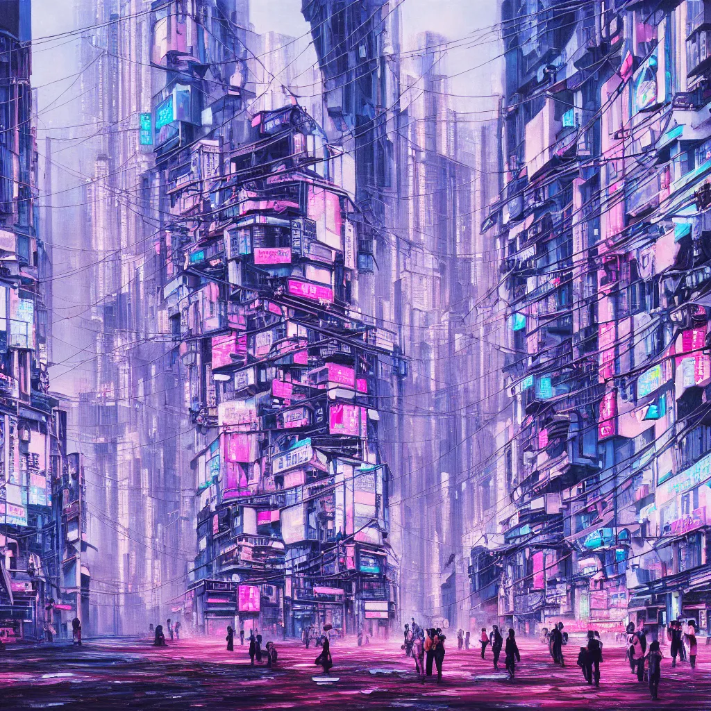 Prompt: oil painting of a busy bustling smoggy polluted cyberpunk metropolis, fuchsia and blue, crowded people occupying buildings and outdoors, tokyo, textured