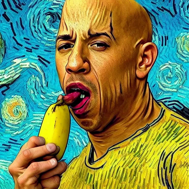 Prompt: vin diesel licking a banana in the style of van gogh