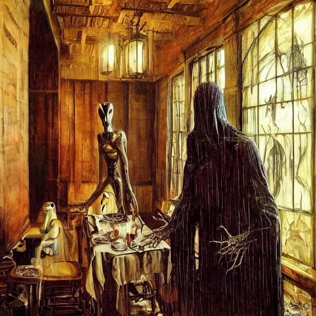 Image similar to a strange creature greeting a female explorer in a dining room, haunted house, masterpiece, detailed human face, rhads!!!, magical realism, urban fantasy, a hooded figure, a fierce woman, ( h. r. giger )