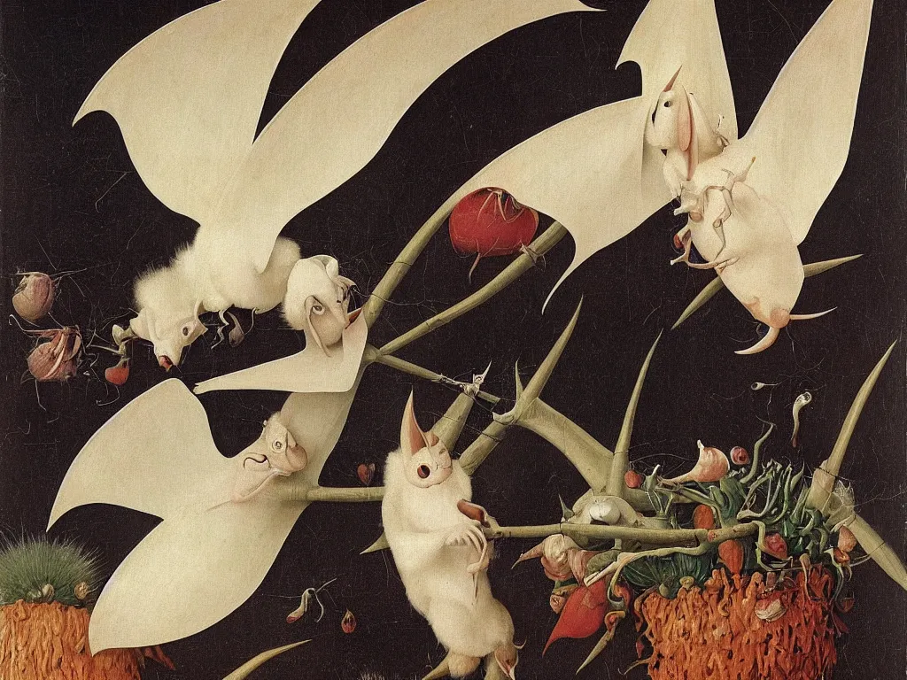 Image similar to beautiful exotic white fluffy bat, long antennae, pink eye. Painting by Jan van Eyck, Bosch, Audubon, Rene Magritte, Agnes Pelton, Max Ernst, Walton Ford