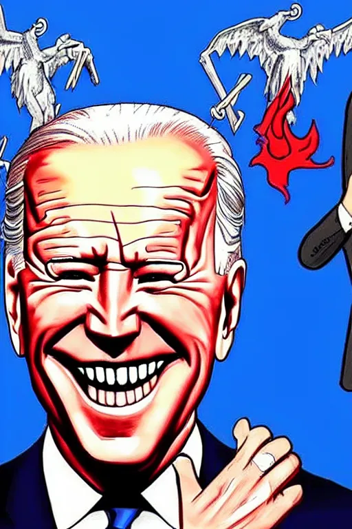 Image similar to joe biden!!!!! smile, creepy!, joe biden as satan!!! devil worshiper!!! art style ben garrison!!!!!!!!!!!!!!!! drawn by ben garrison, iconic, masterpiece, ornate and detailed, political cartoon