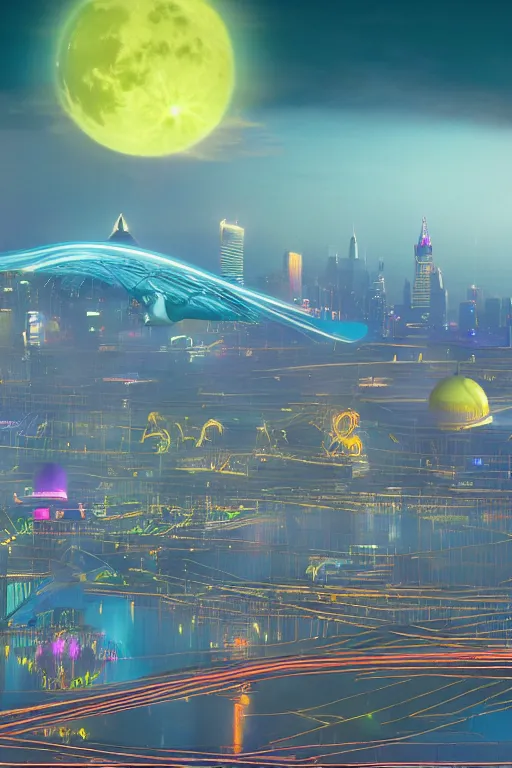 Image similar to A city of the future with thin bridges floating in the air and big unknown flying machines. The top is bright and colourful, with domes and glowing peaks of buildings; the bottom is dark and almost melting in the twilight, with glowing bright signs. Several colossal-sized moons with amazing rings are visible,