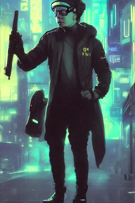 Image similar to Rupert Grint as Ron Wisly with visor in cyberpunk, neon lighting, night city, digital art from artstation by Ruan Jia and Mandy Jurgens and Artgerm and william-adolphe bouguereau and Greg Rutkowski