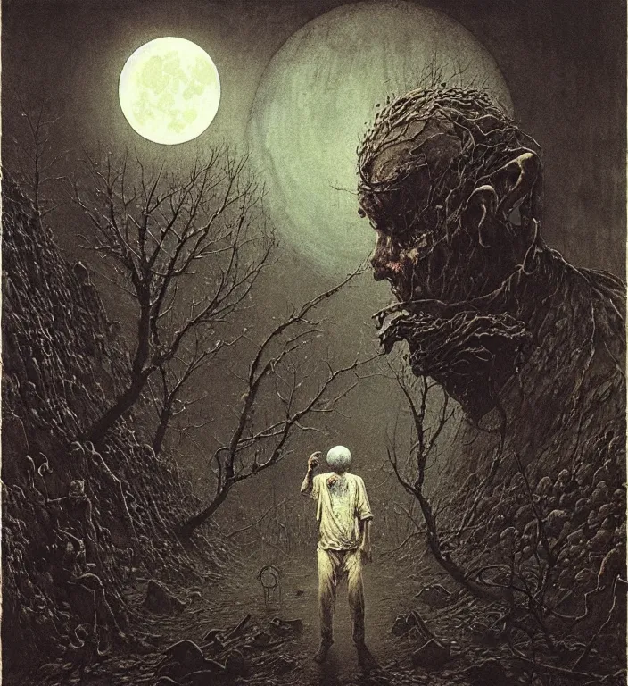 Prompt: old white - headed man under the huge moon on a street of ruined city by beksinski and takato yamamoto and jackson pollock, very coherent, baroque elements