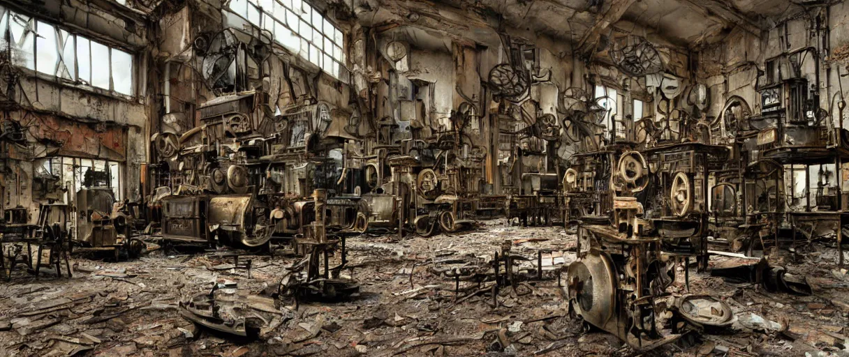 Prompt: movie still 4 k uhd 3 5 mm film color photograph of an abandoned steampunk workshop full of xix century differential machines