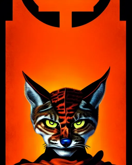 Prompt: artgerm, frank miller comic cover art, bobcat with orange fur, symmetrical eyes, symmetrical face, white shirt with red exclamation point logo, dark castle background, cinematic lighting