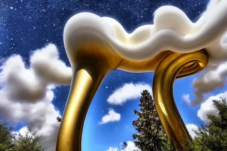 Image similar to many intricate elegant tuba cloud sculpture garden, art nouveau environment, soothing, milky way, award winning art, epic dreamlike fantasy landscape, ultra realistic,