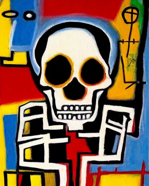 Image similar to detailed geometric oil painting of a terrified scientist skull skeleton by basquiat