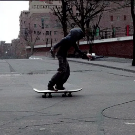 Image similar to Photo of Pyramid Head from Silent Hill skateboarding on city streets