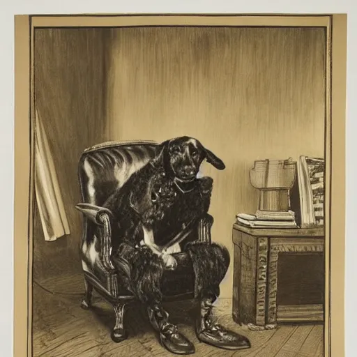 Prompt: a gentleman dog in leather shoes sitting in an armchair, fluid, smooth, high contrast, sharpness, dramatic, very detailed, intricate, by windsor mckay