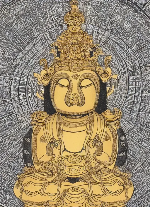 Image similar to detailed pen and ink art of an anthropomorphic asian black bears head on Buddhist bodhisattva body, seated in royal ease, 0.1 black micron pen on white paper, gilded gold halo behind head, 24K gold leaf, reflective, beautiful, highly detailed, fine pen work, white background