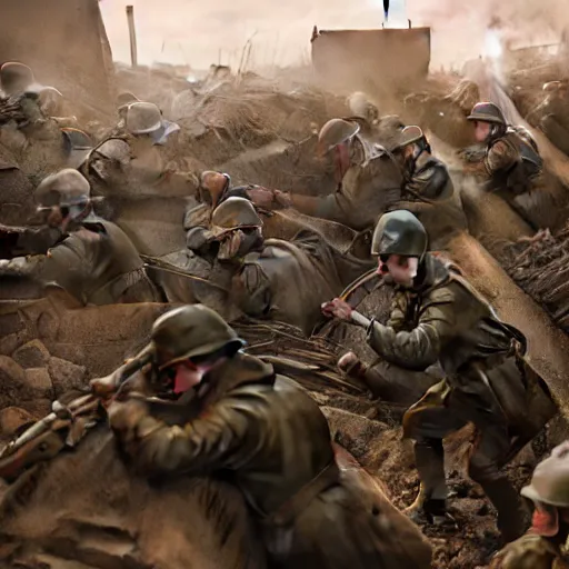 Image similar to war in the trenches by otto dix, hyperrealistic, unreal engine, masterpiece, 3 d render, aesthetic