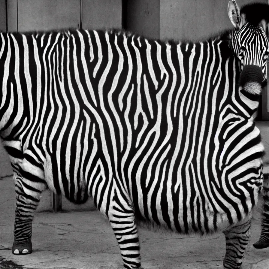 Prompt: photograph by daido moriyama, a tall fat zebra laughing at a short fat elephant with short legs, real fur, real feather, city,