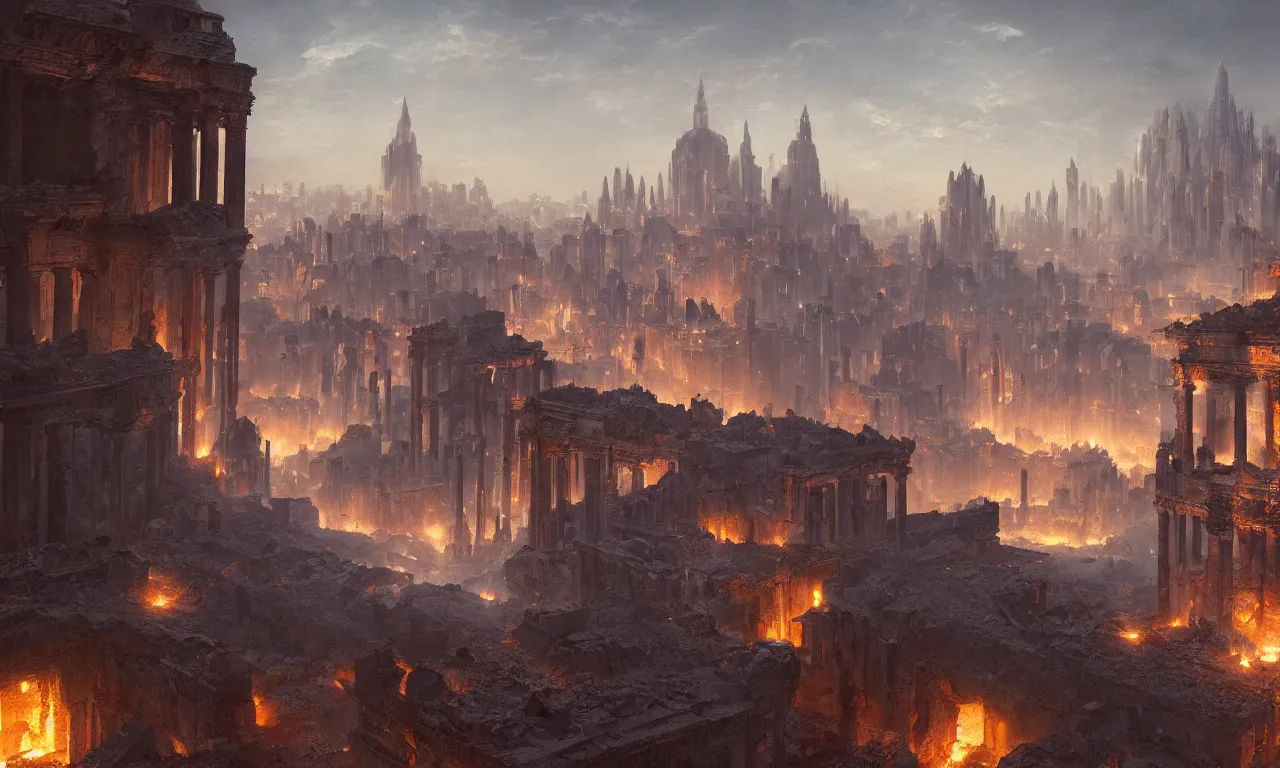 Prompt: glistering embers in the ashen remains of the capital city, artwork by Raphael Lacoste and Ted Nasmith, 8k resolution, trending on art station