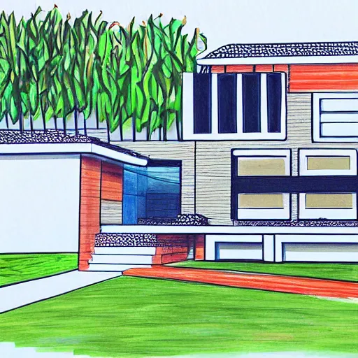 Prompt: Contemporary modern house. Exterior rendered sketched on paper with colorful markers