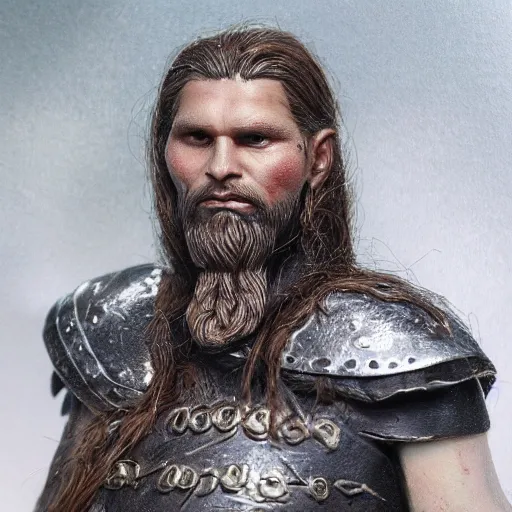 Image similar to of a viking from valhalla, wearing the horned helmet ultra fine detail, hair strands, ultra high resolution, fine texture detail, miniature painting techniques, perfect proportions, marvel cinematic universe, eric bana