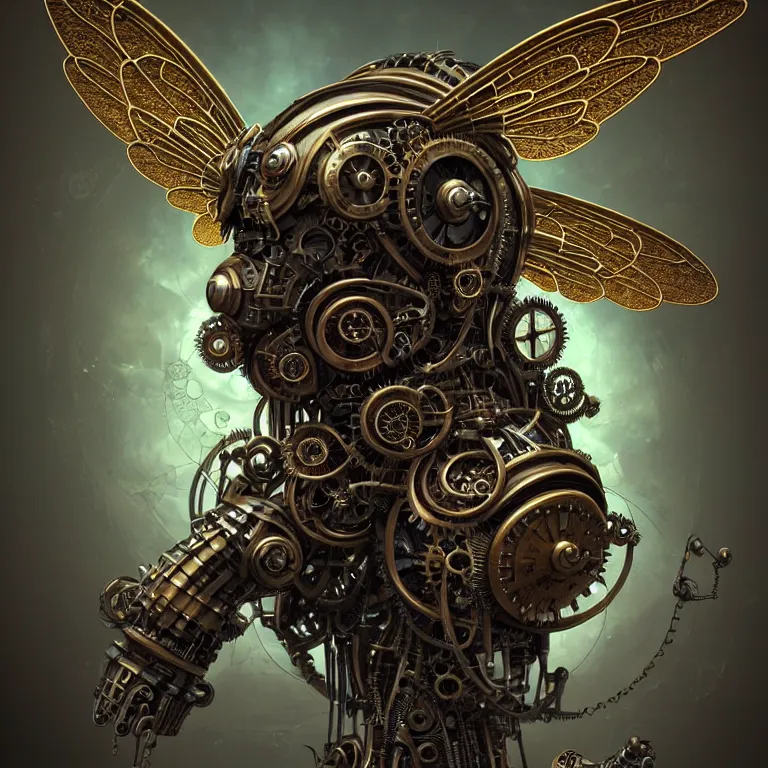 Image similar to steampunk cybernetic biomechanical bee with wings, 3 d model, very coherent symmetrical artwork, unreal engine realistic render, 8 k, micro detail, intricate, elegant, highly detailed, centered, digital painting, artstation, smooth, sharp focus, illustration, artgerm, tomasz alen kopera, wlop