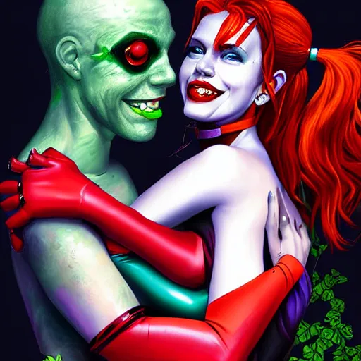Prompt: harley quinn and poison ivy romance, hyper detailed masterpiece, digital art painting, realism aesthetic