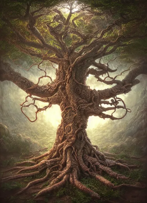 Prompt: highly detailed closeup portrait of a yggdrasil tree, unreal engine, nicoletta ceccoli, mark ryden, lostfish, earl norem, global illumination, god rays, detailed and intricate environment