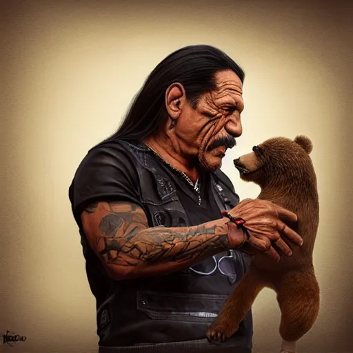 Prompt: danny trejo having staring contest with bear, photorealistic, concept, artstation