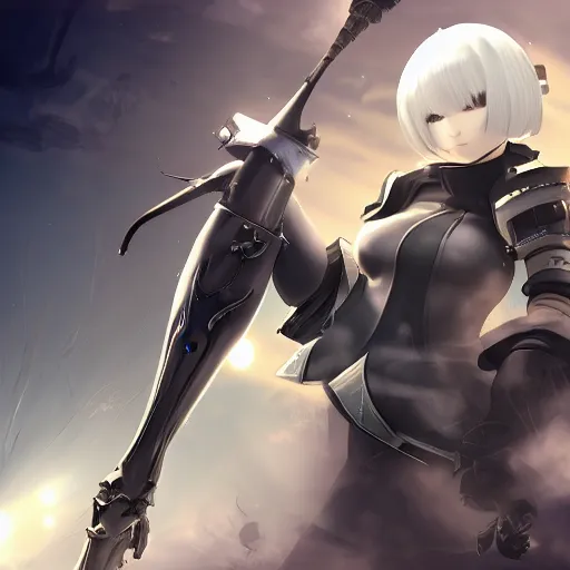 Prompt: 2B (Nier Automata) in the style of Starcraft 2, promo art