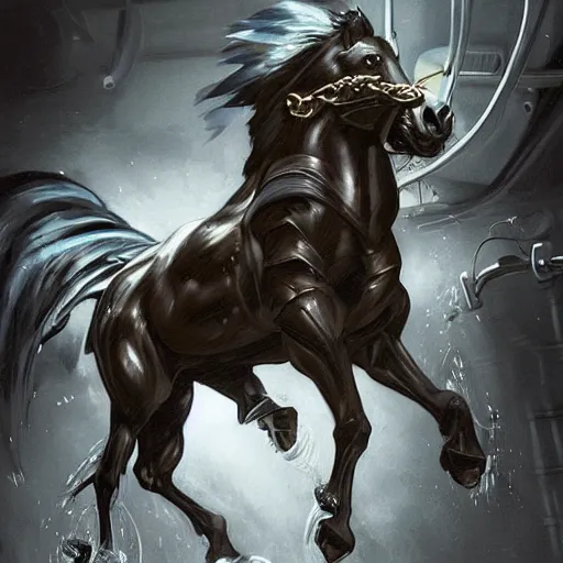 Prompt: splash art of a hyper - muscular black - coated anthropomorphic horse character in a research facility wearing a combat kevlar outfit, long hair, huge exaggerated muscles, highly detailed, furry, furaffinity, digital painting, artstation, sharp focus, illustration, art by artgerm, greg rutkowski, alphonse mucha