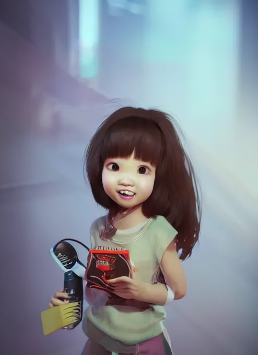 Prompt: a cute asian girl singing, flowing brown hair in the style of pixar animation, mid-shot, award winning, hyper detailed, studio lighting, artstation, octane renderer, unreal engine