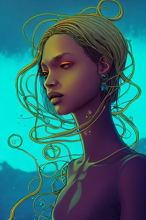 Image similar to 👁👩🏾🌊👾, phantom, dreary, dramatic, fluid, golden ratio, artstation, moebius + loish, hd, long vines,