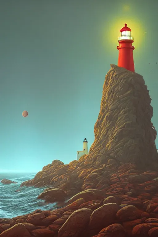 Image similar to a lighthouse on a rock in a redwood solar punk vision ; oil on canvas by klaus burgle and simon stalenhag ; ultra - realistic 3 d depth shading