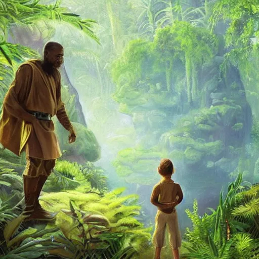 Prompt: stunning oil painting of a jedi master mentoring a jedi padawan on a lush jungle planet