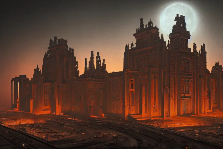 Prompt: sci - fi concrete baroque rococo gothic architecture in hell, babylonian, ziggurat, zaha hadid, beksinski, oil painting, photoreal, highly detailed, 8 k, hd, vray, artstation, cinematic matte painting, extreme detail photo quality, sunset, featured on behance