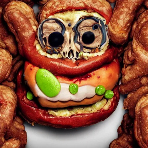 Image similar to a humanoid bipedal upright zombie that strongly resembles a hamburger, professional food photography