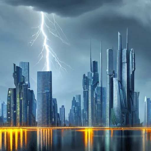 Prompt: Wide shot of colossal futuristic megacity towering across the landscape, thunder storm, Ralph McQuarrie, EOS-1D, f/16, ISO 100, 1/160s, 8K