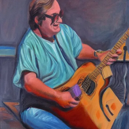 Image similar to John Sebastian playing keyboard on stage in 1967, oil painting, high detail, museum quality