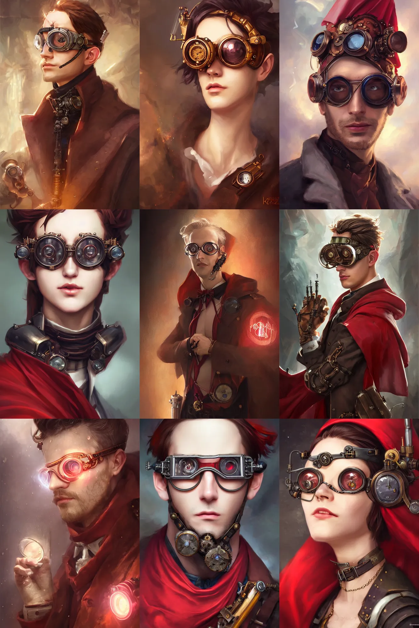 Prompt: a ( man personified as a chemist ), beauty portrait, fantasy chemistry, steampunk goggles, red scard, cape, digital art by krenz cushart, laurie greasly, wlop, artgerm, intricate, highly detailed, sharp focus, smooth, epic composition, joyful, unreal engine
