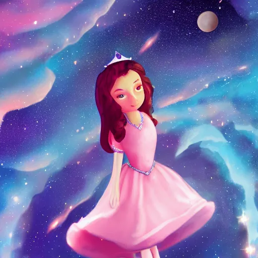 Prompt: a princess ruling over the milky way, 4K, beautiful, space, magical, cute, realistic, artstation, face, eyes, smiling