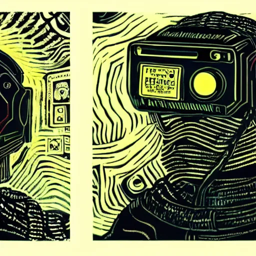Image similar to Illustrated by Shepard Fairey and H.R. Giger | ((Cyberpunk Van Gogh with VR helmet, surrounded by cables))