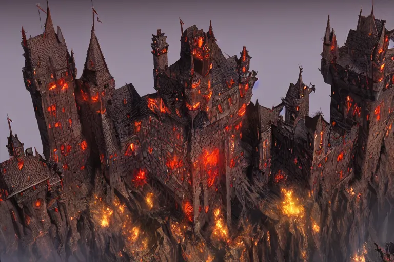 Image similar to big evil castle - city rock dark shadow elves, might and magic heroes vii, dark fantasy, shadows, artstation trending, unreal engine 5, red