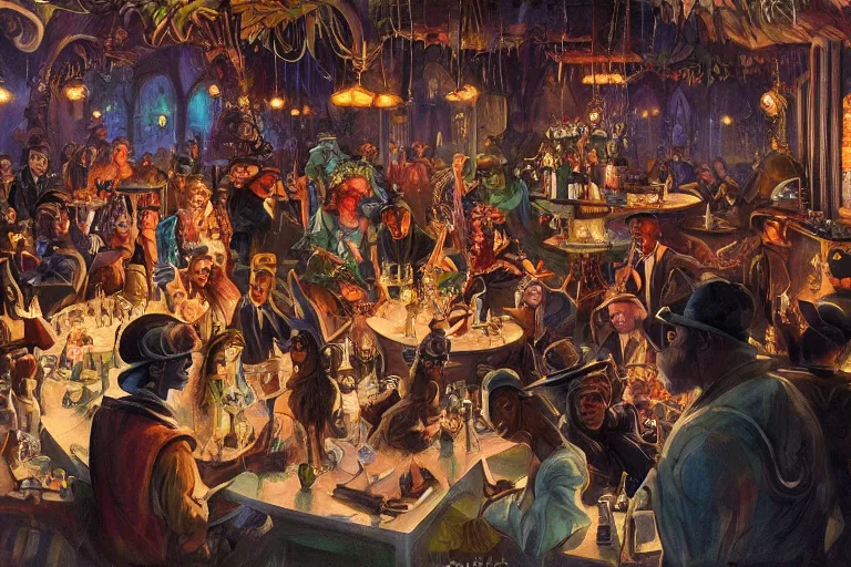 Image similar to beautiful detailed Harlem Renaissance painting of a 20s fantasy goblin party in ekanite bar that looks like it's from lord of the rings and bazaar by greg rutkowski, marc simonetti,Chris Achilleos,Charles Samuel Addams ,featured on artstation, ultrawide angle,f16